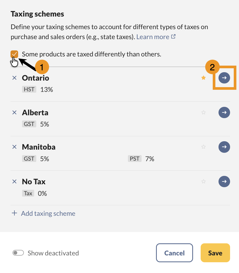 In the tax settings, you can enable the option to allow inFlow to apply different tax rates to specific products and select the tax scheme that uses the special tax rate.