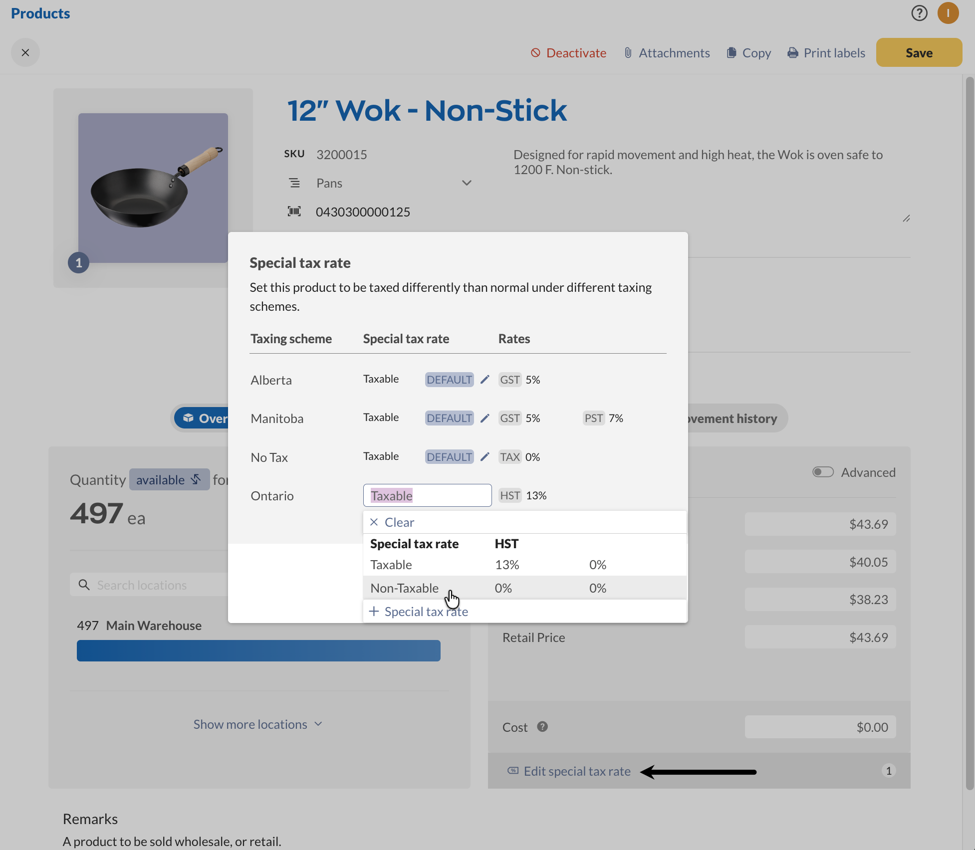 Setting the special tax rate on the product record. 