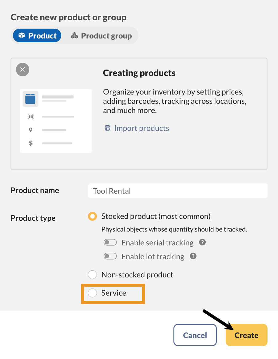 Creating a service product in inFlow.