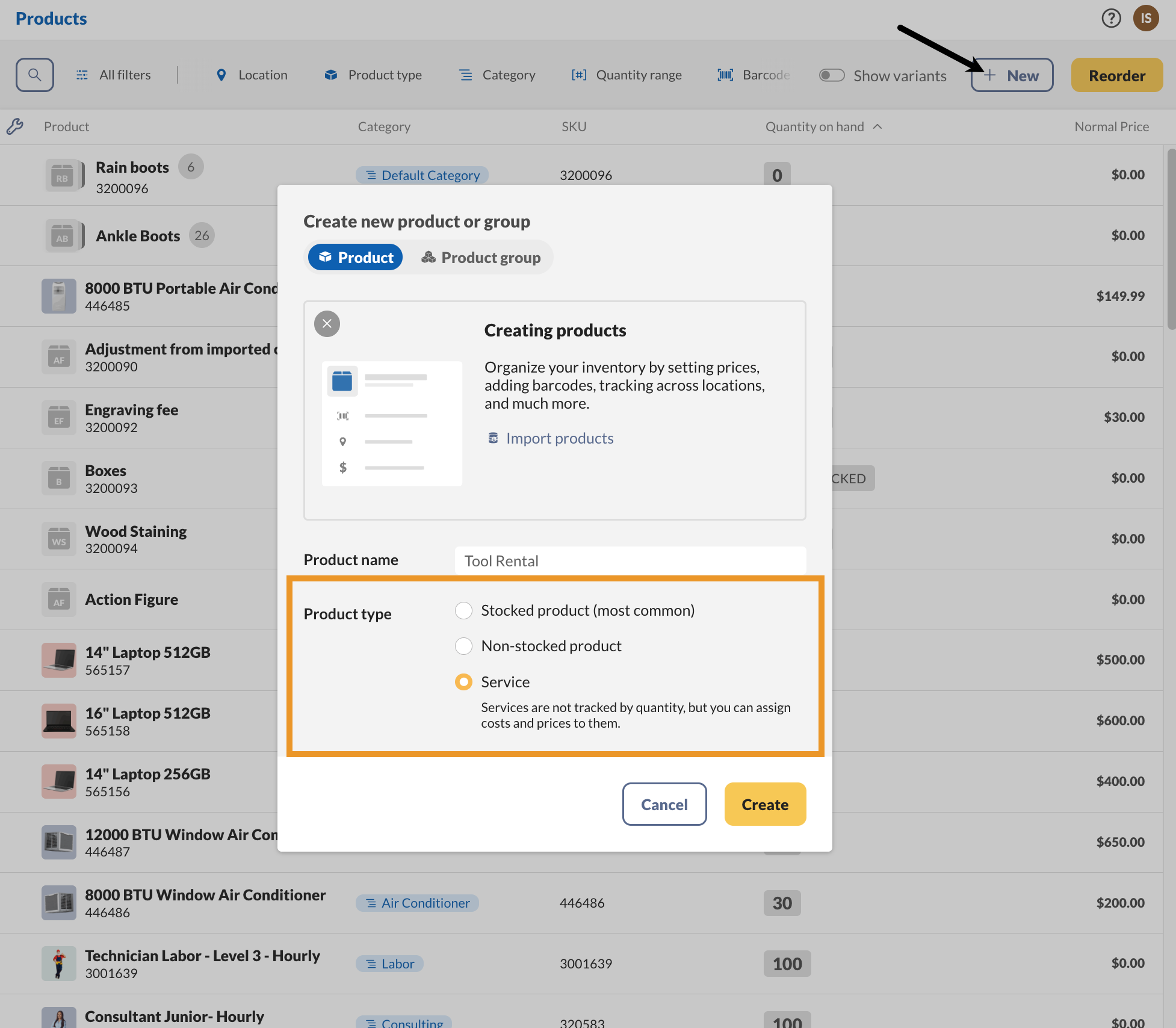 Click the "New" button to create a new product from the product list and select a different product type.