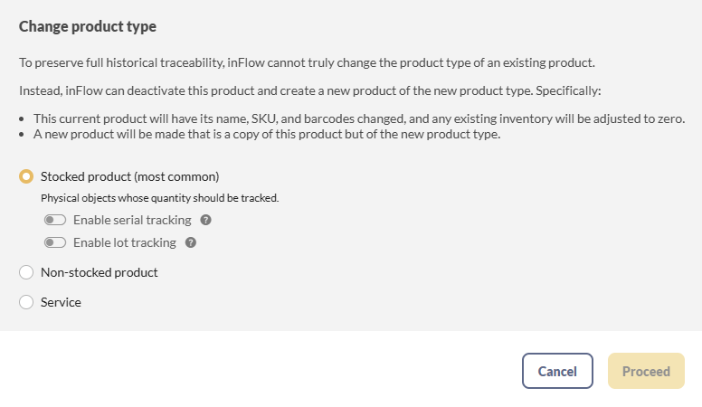 confirmation for changing product type
