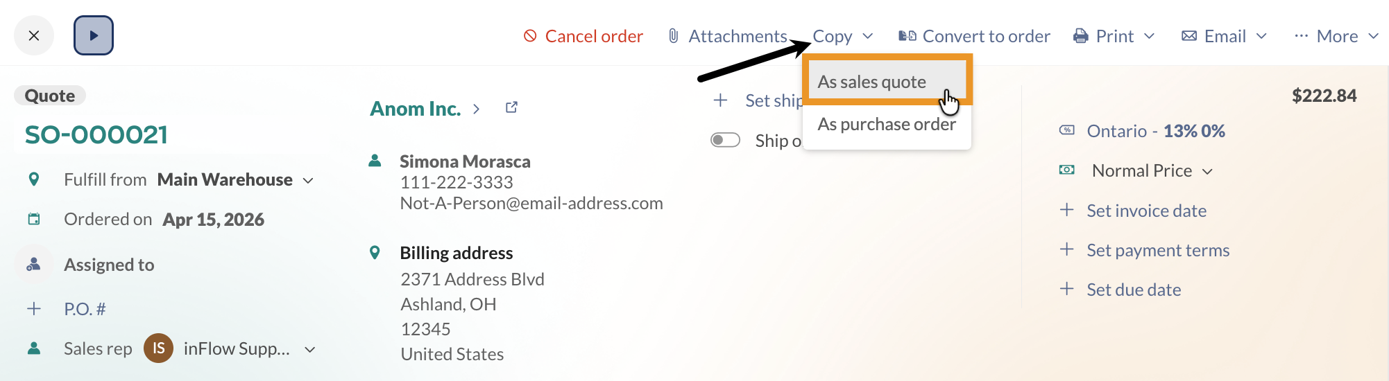 Click the "Copy" button to create a duplicate of the sales quote.
