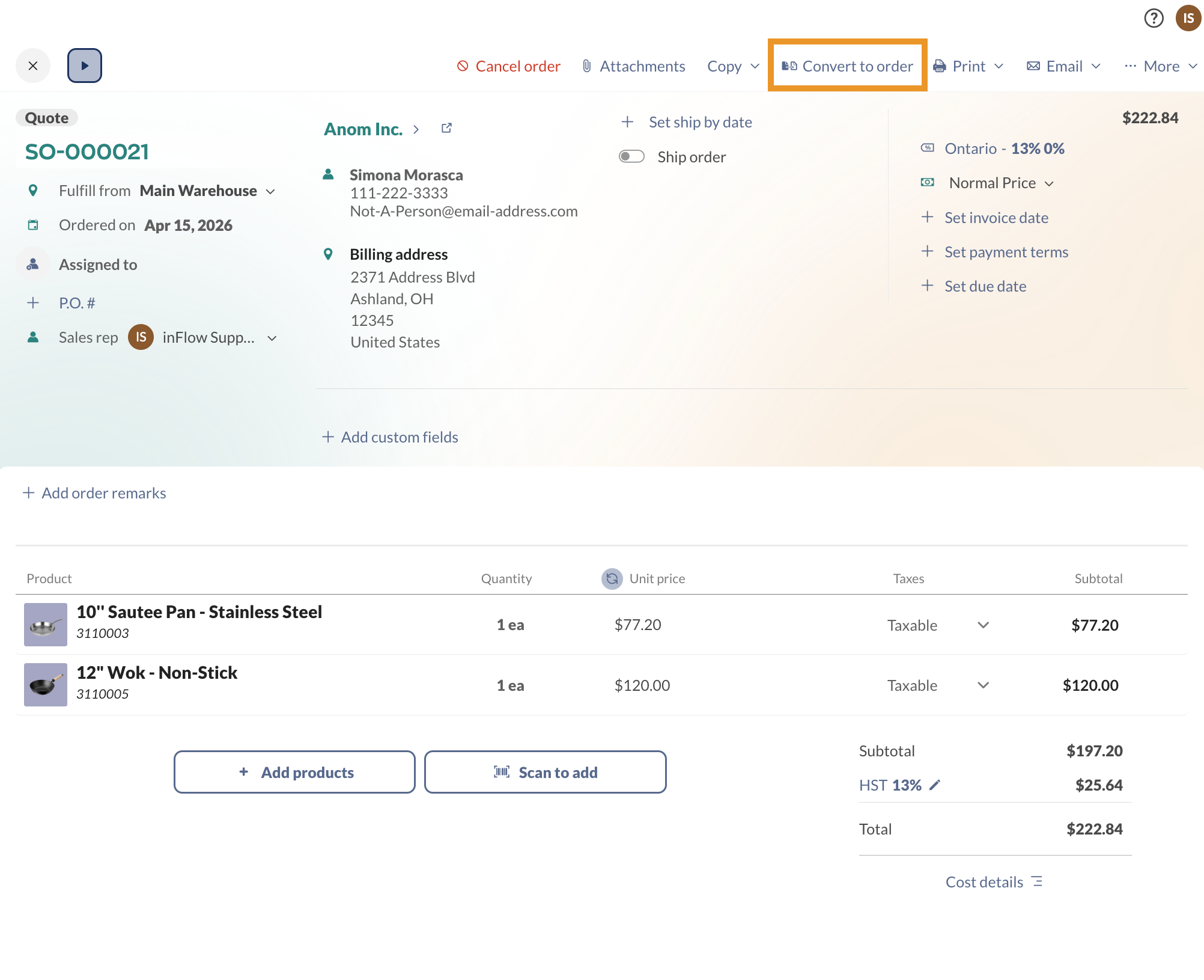 A sales quote with the "Convert to order" button highlighted.