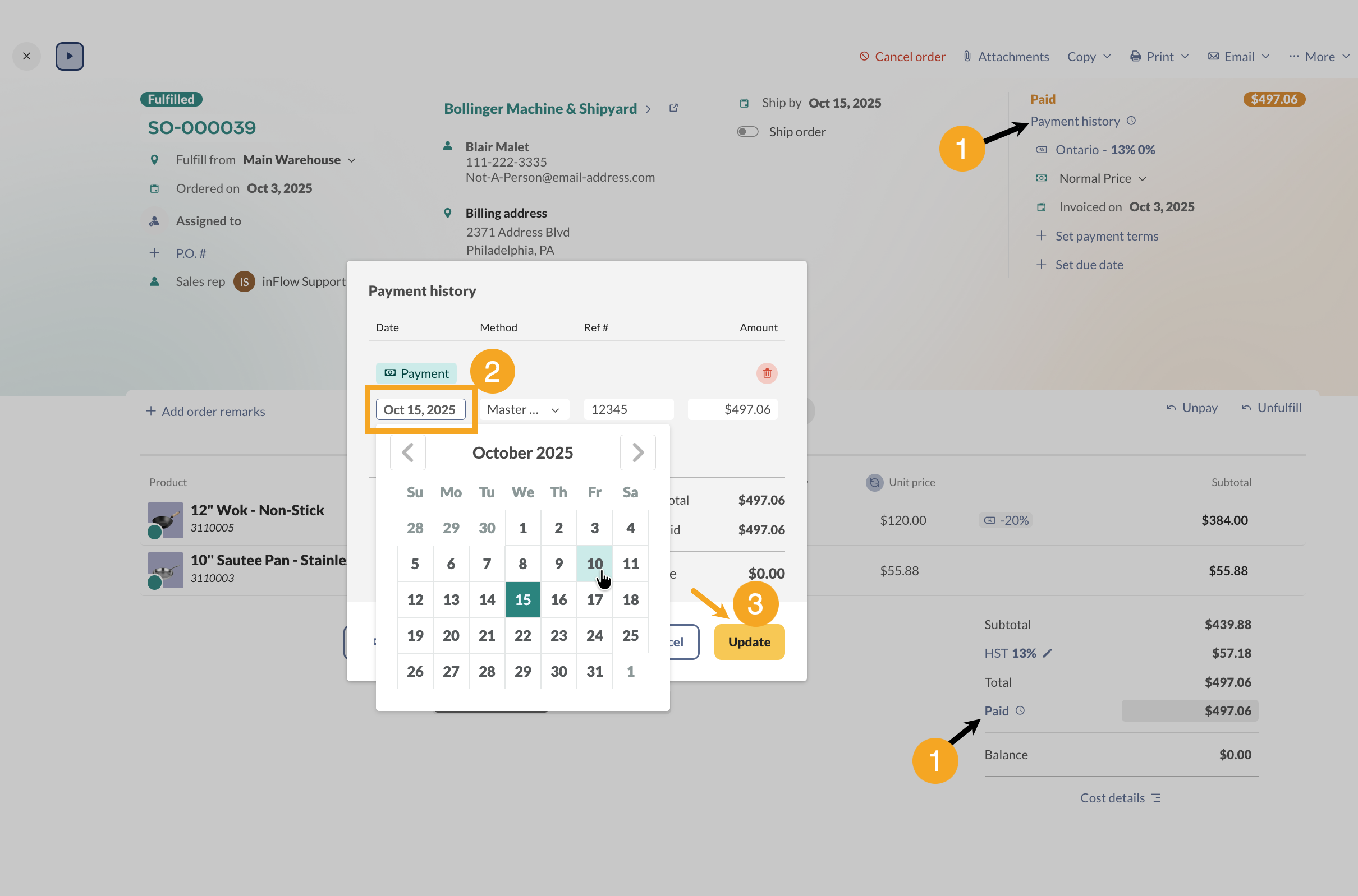 Changing the payment date in the Payment history for sales and purchase orders. 