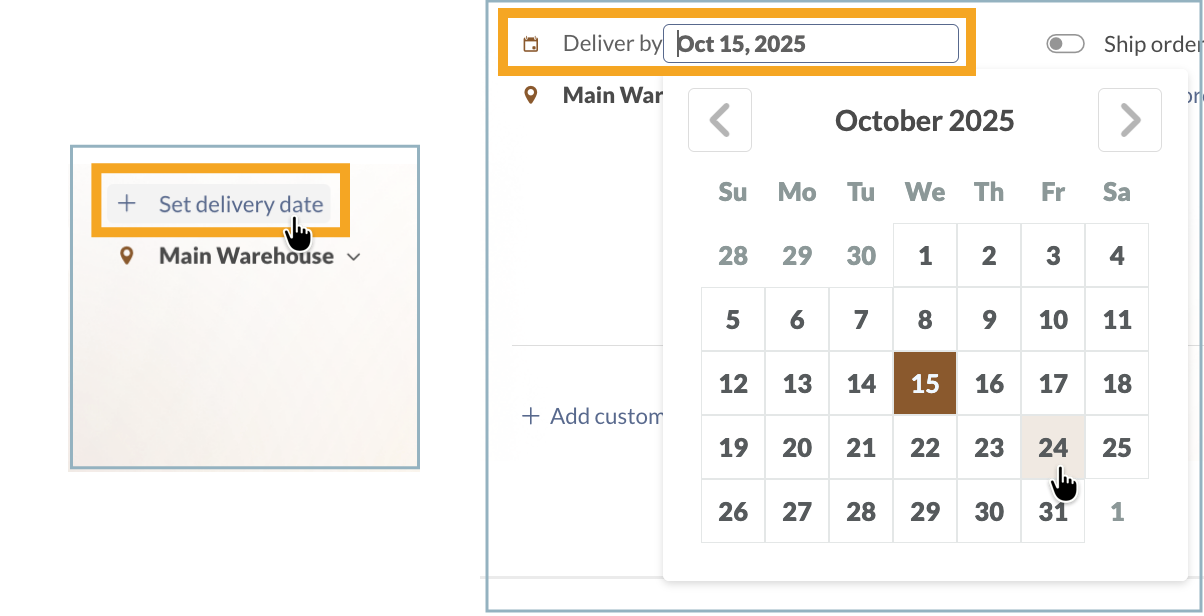 Setting the delivery date on a purchase order (left) and editing the Deliver by date on a purchase order (right).