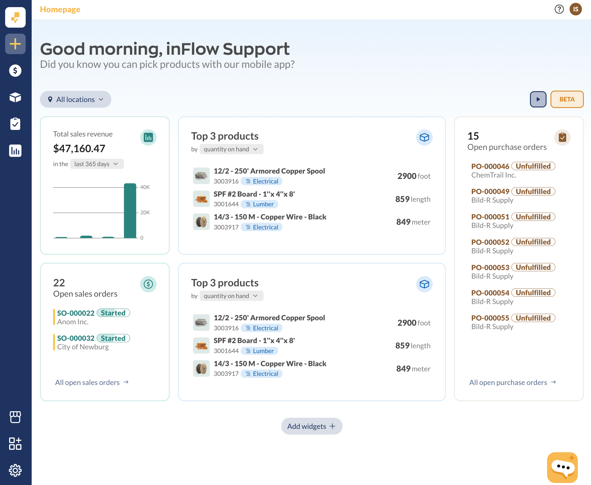 The Dashboard lets you add widgets for a quick overview of the information you want to see as soon as you log in to inFlow.