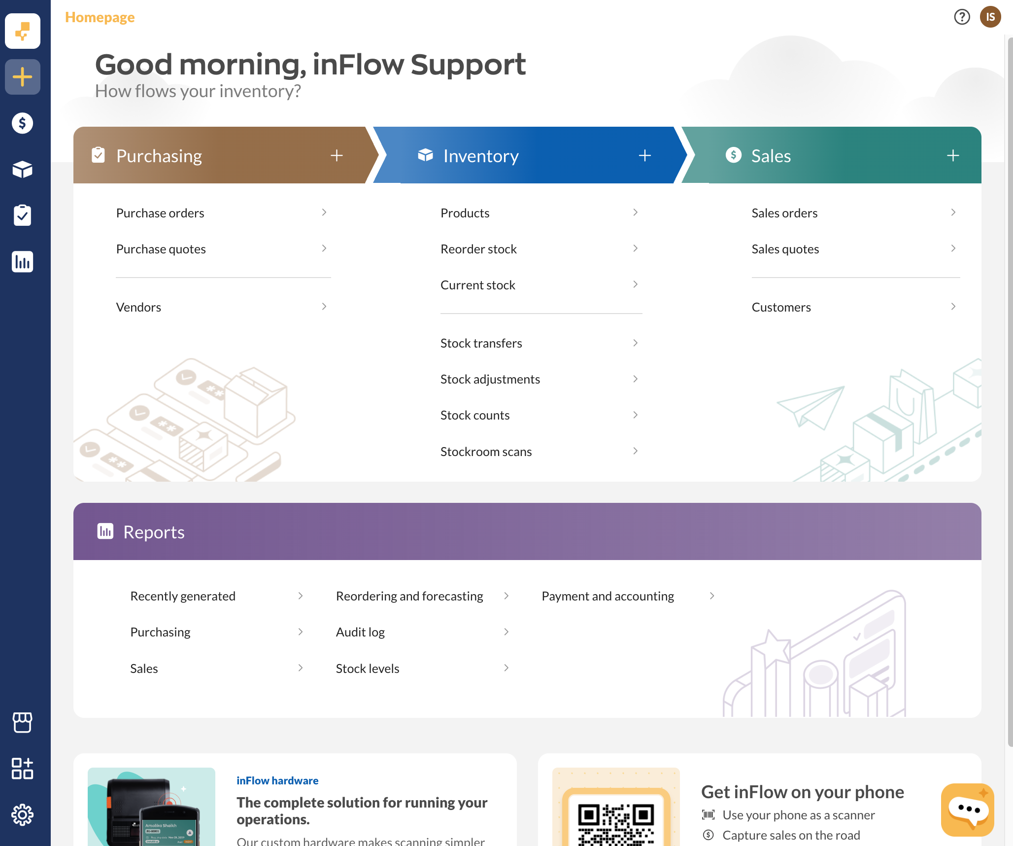 The inFlow homepage allows you to navigate all areas of inFlow through the main menu on the left.