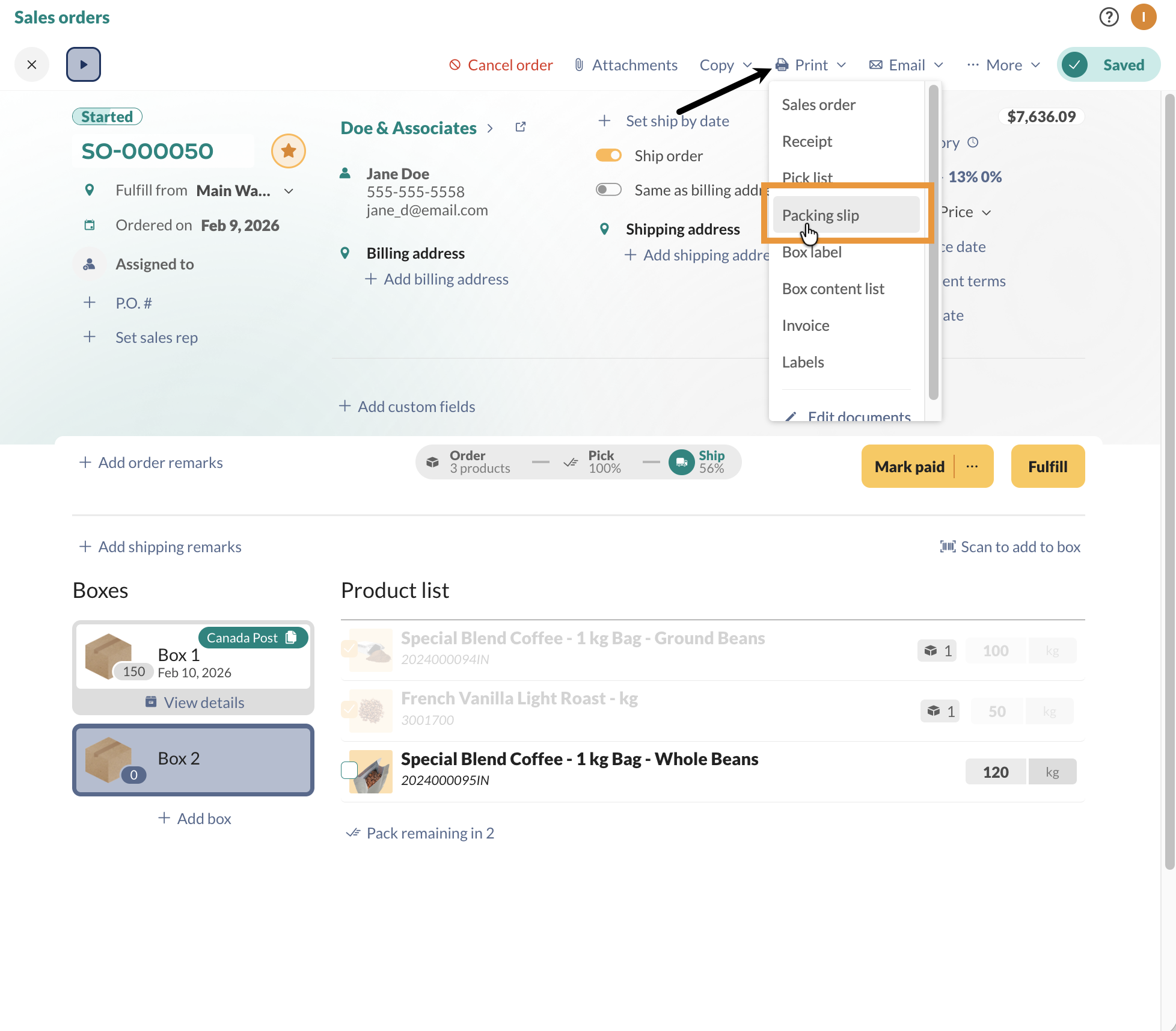To print a pick list, click the "Print" button and then select "Packing slip" from the options.