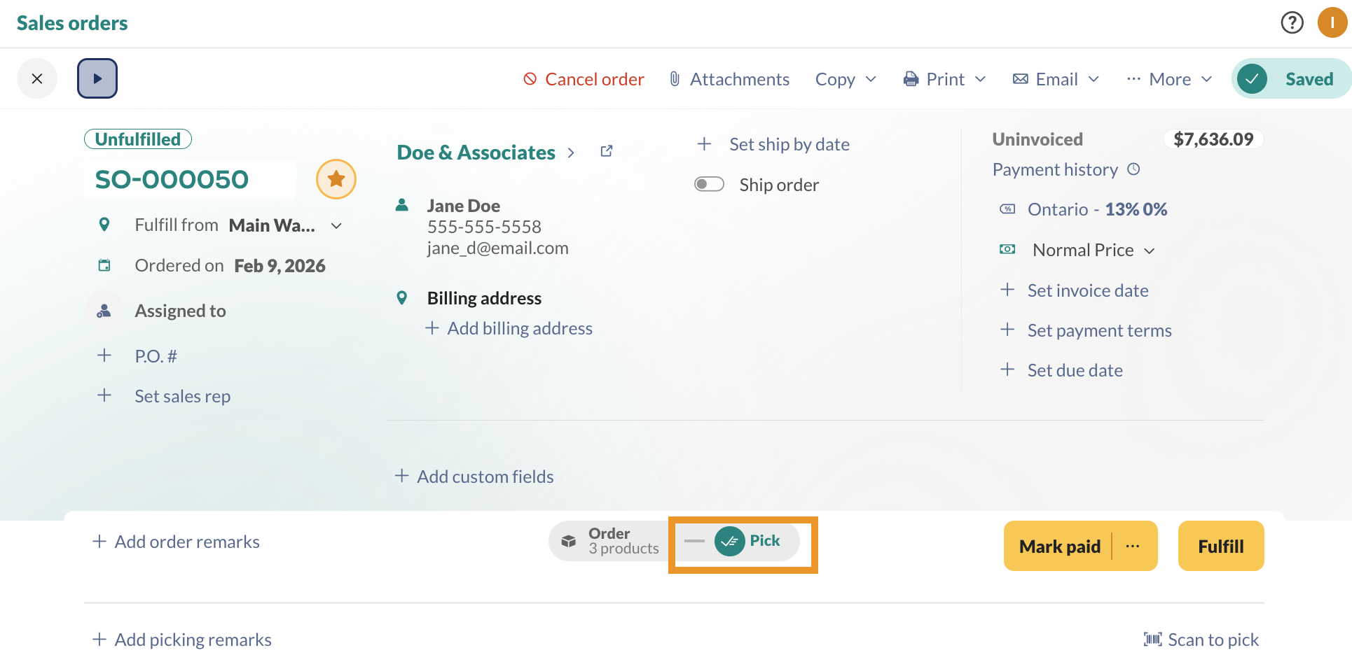 To begin the picking process, select the Pick tab on the sales order.