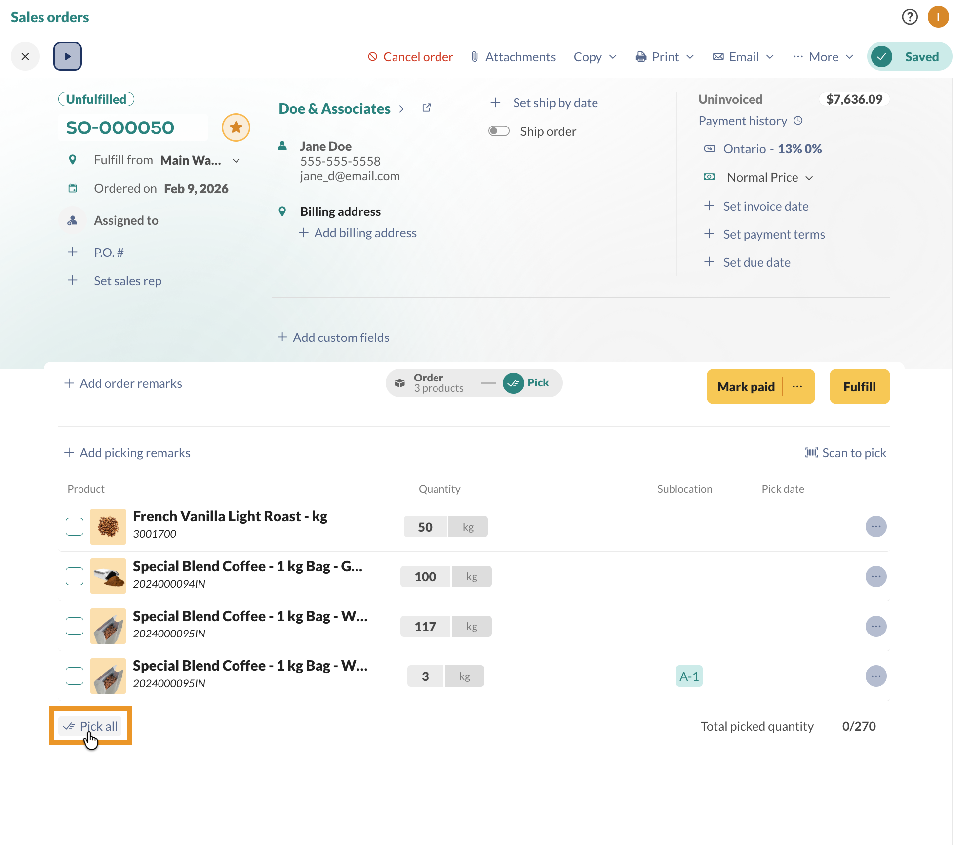 Select the "Pick all" button to select all products on the sales order.