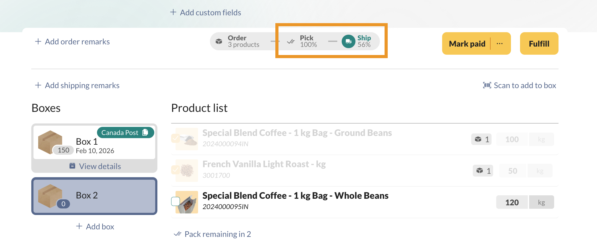 The progress bar beneath the tab headings displays the status of picking and shipping.
