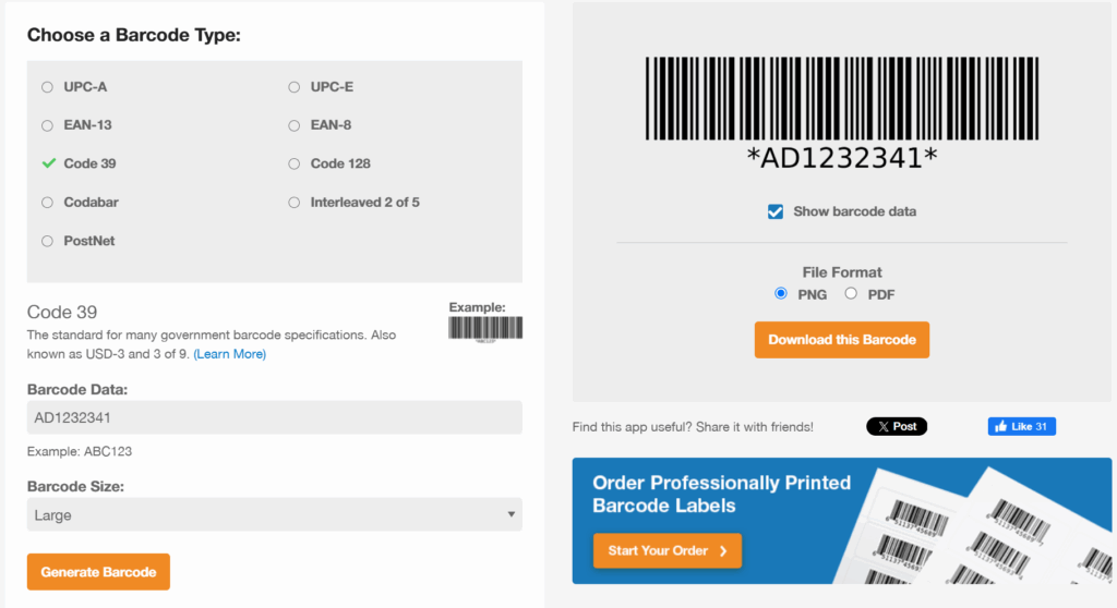 Image of OnlineLabels.com free barcode generator interface.