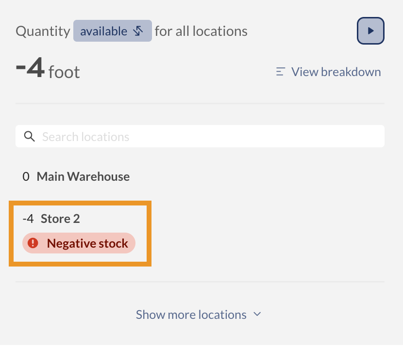 The “Negative stock” status badge on the product record. 