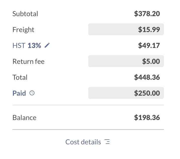 The order summary below the product table with Subtotal, Freight, Tax, Total, Paid, Balance, and the Cost details link
