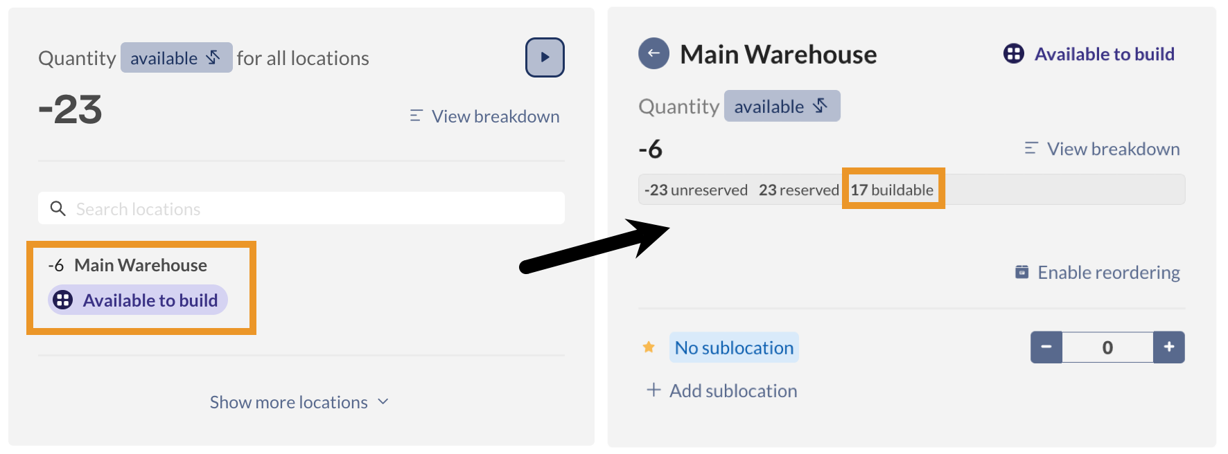 The “Available to build” status badge on the product record on the left and the location quantity breakdown shown on the right.