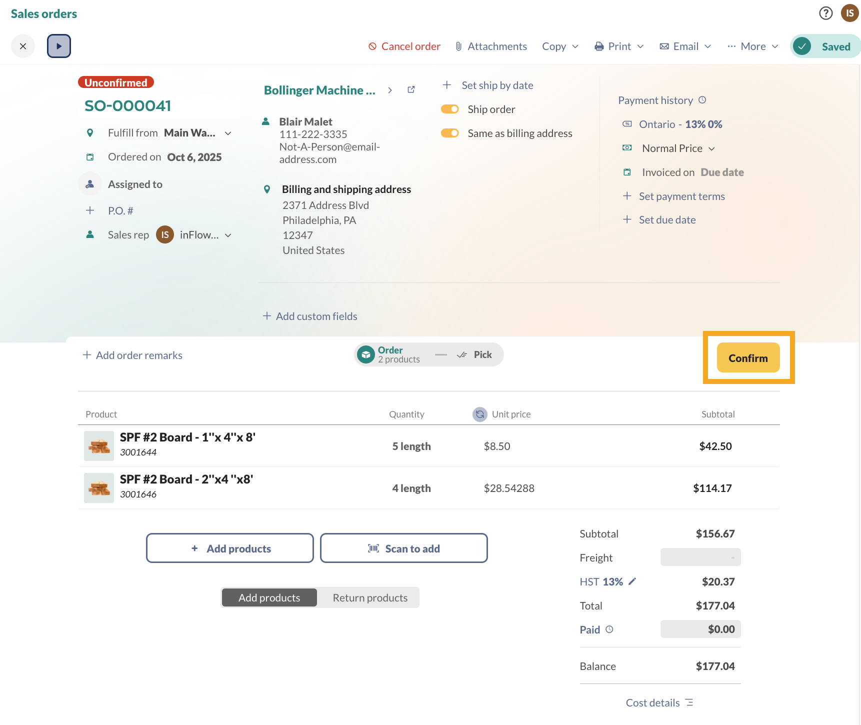 Selecting the Confirm button on an unconfirmed sales order.