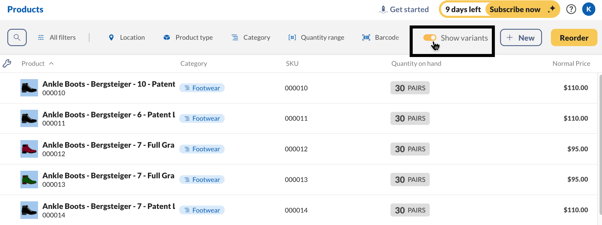 The inFlow product list features a “Show variants” toggle that allows you to view all product options.