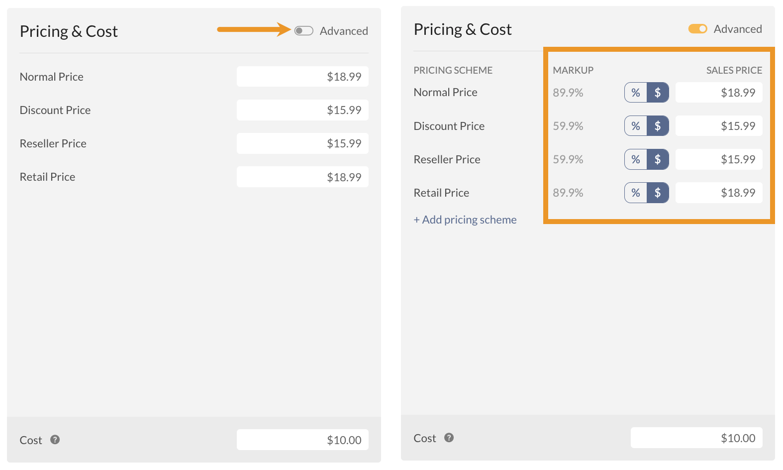 On the left is the standard Pricing & Cost view, while the right side shows the same section with Advanced toggled on, displaying markups and margins based on product cost.