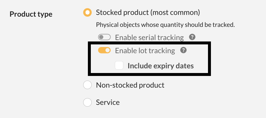 inFlow's Product type options with the Enable lot tracking toggle turned on, revealing the Include expiry dates checkbox.