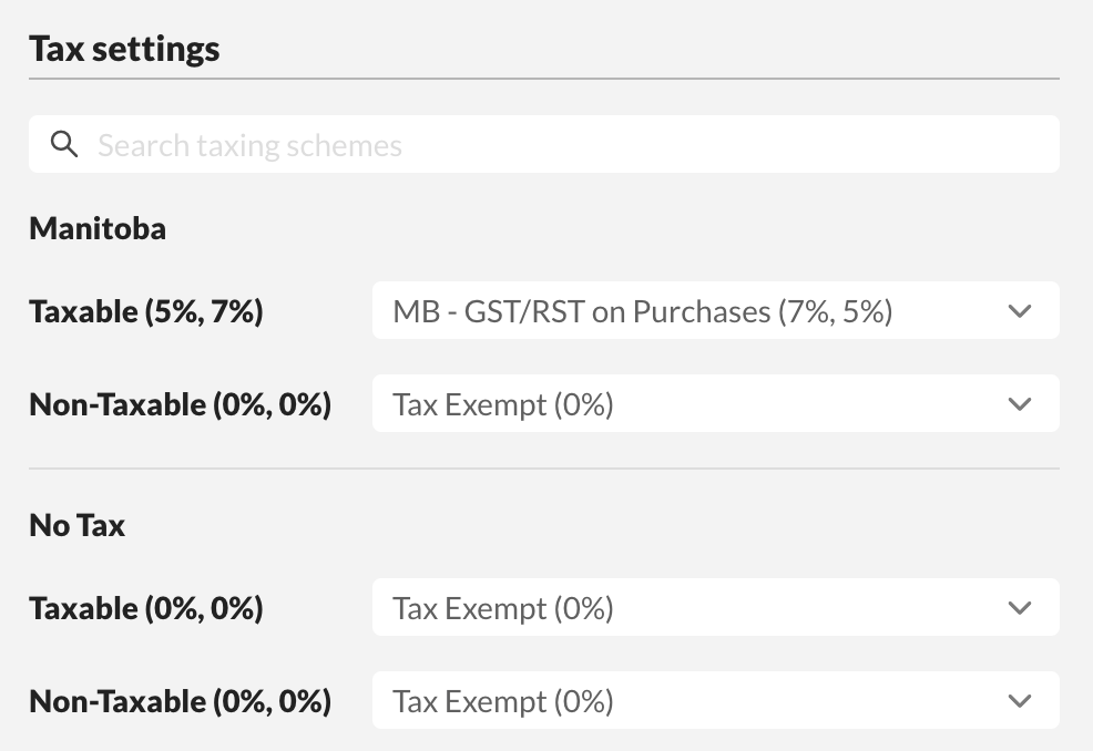 inFlow tax settings for Xero integration showing Manitoba GST/RST rates for purchases (7%, 5%) and No Tax options.