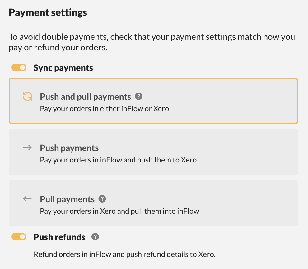 Screenshot of the Sales order payment settings menu displaying options for Push and pull payments, Push payments, and Pull payments.