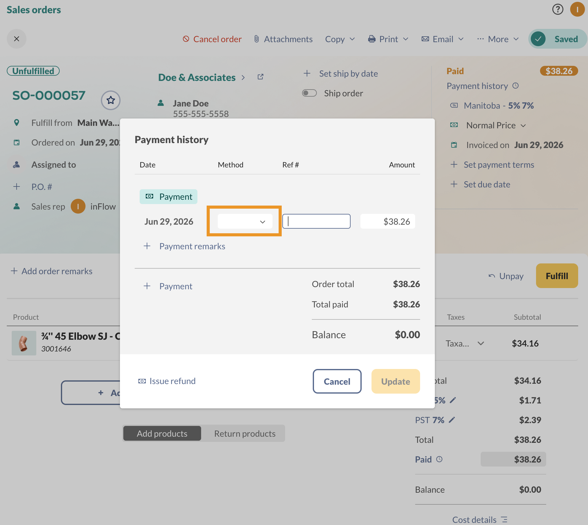 The Payment history dialog on a sales order, showing a recorded payment with the Method drop-down highlighted and left empty — no payment method selected