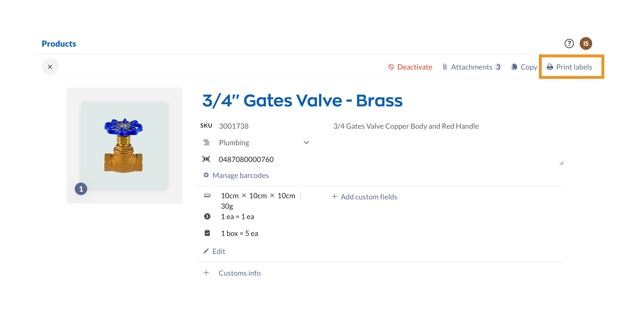 In the product record Action bar, select Print labels.