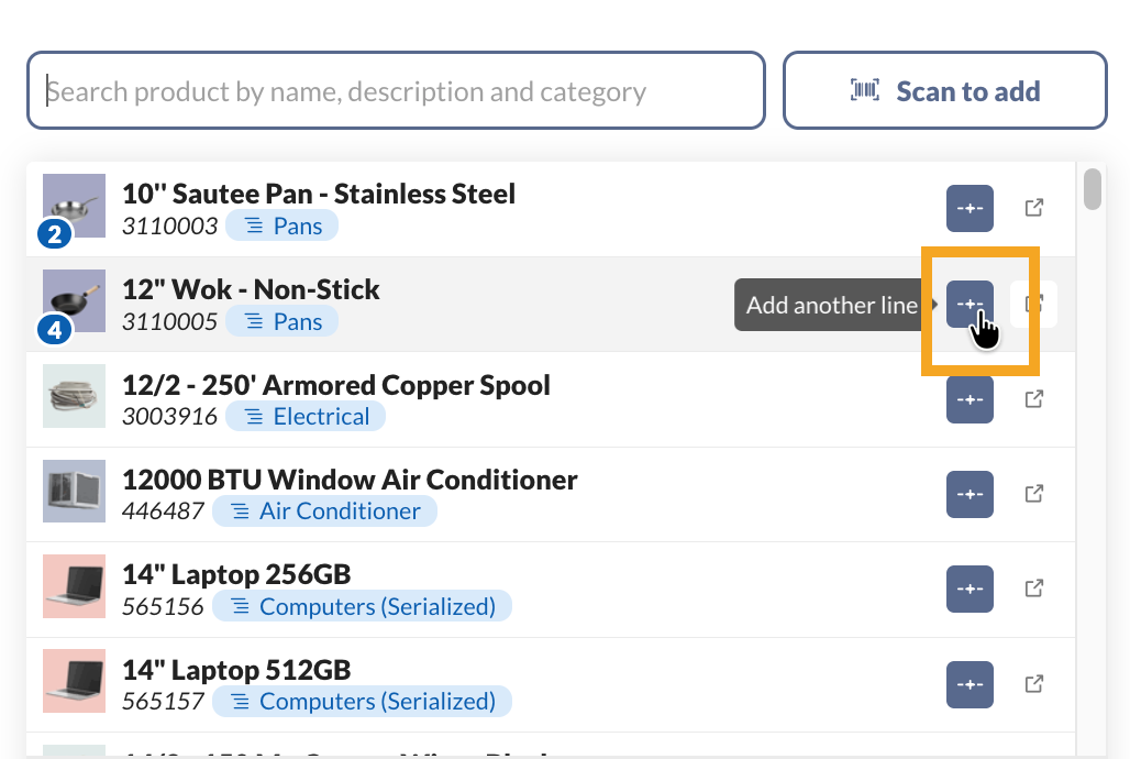 The sales order product picker displays an Add another line button, allowing the same product to be listed on two different lines on the sales order.