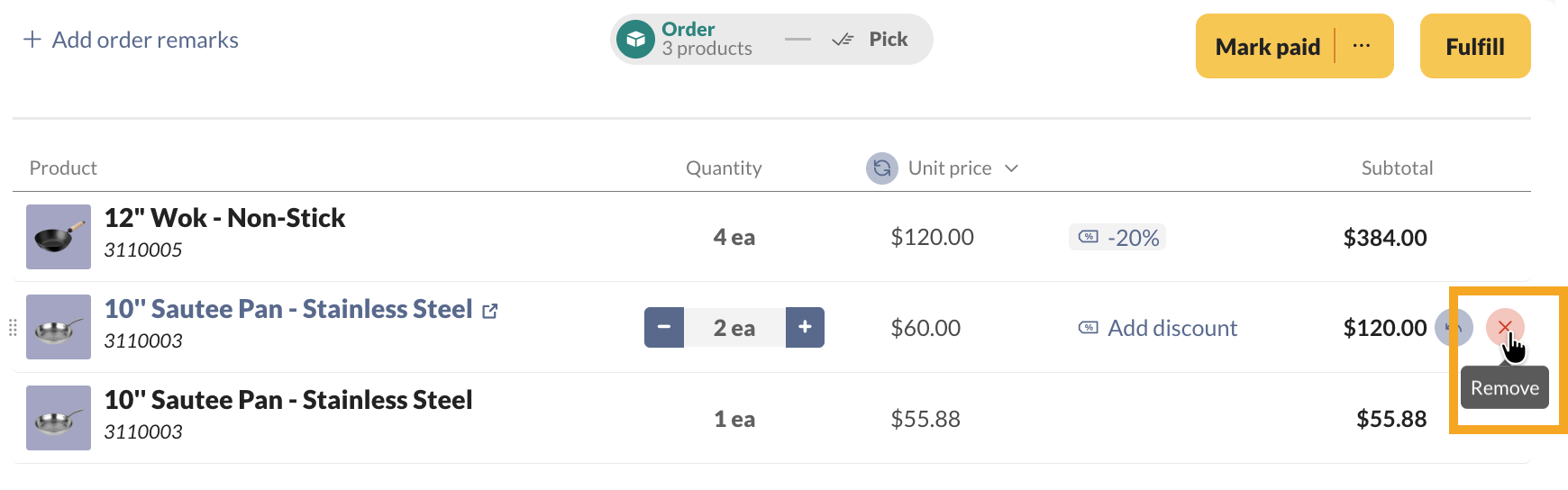 The product table displayed with the cursor hovering over the remove button.