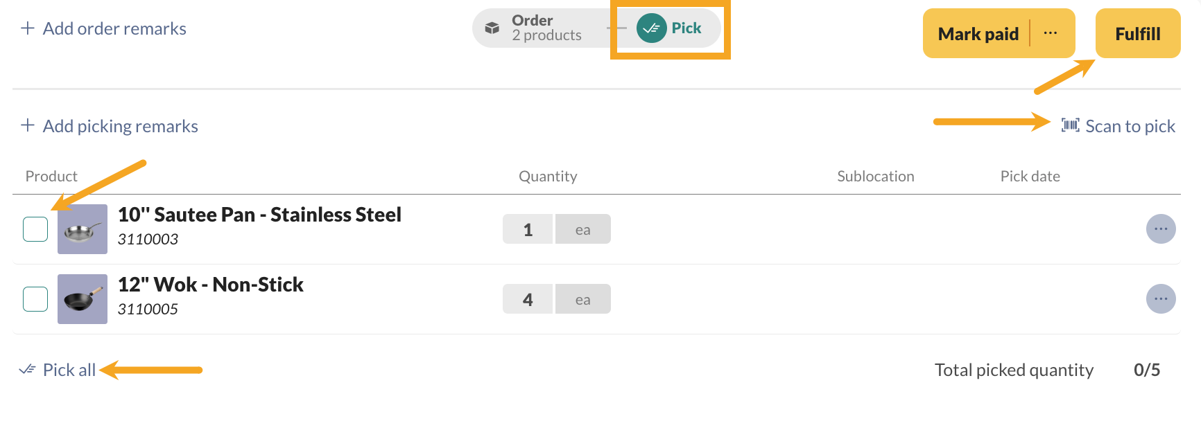 The Pick tab and the various options for picking products.