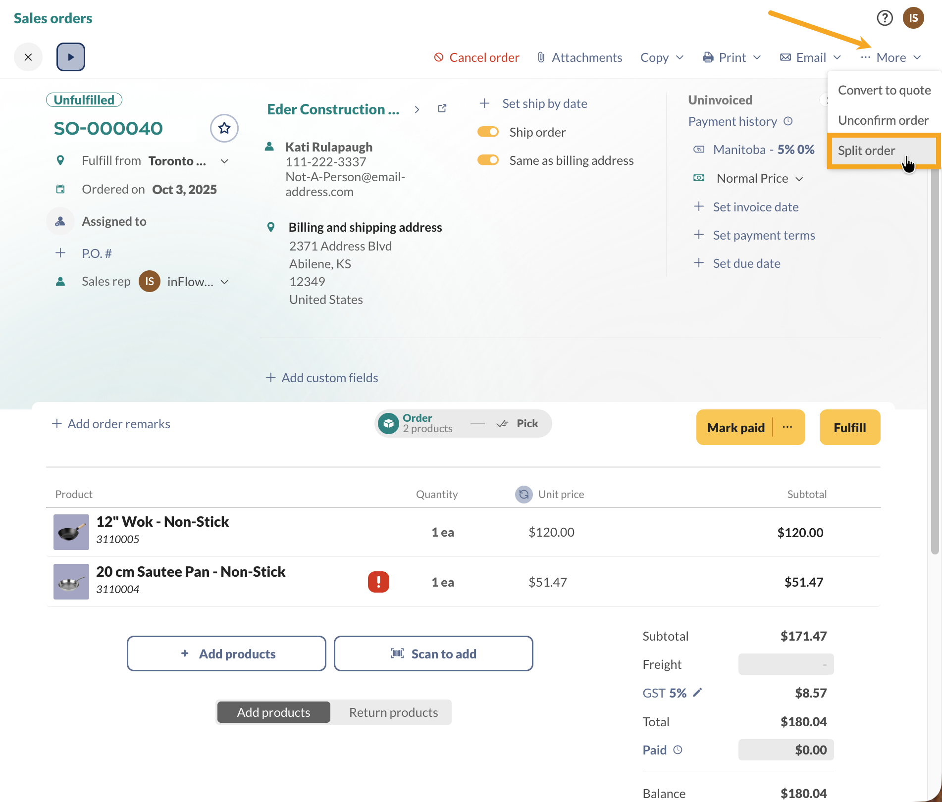 Splitting a sales order based on available inventory.