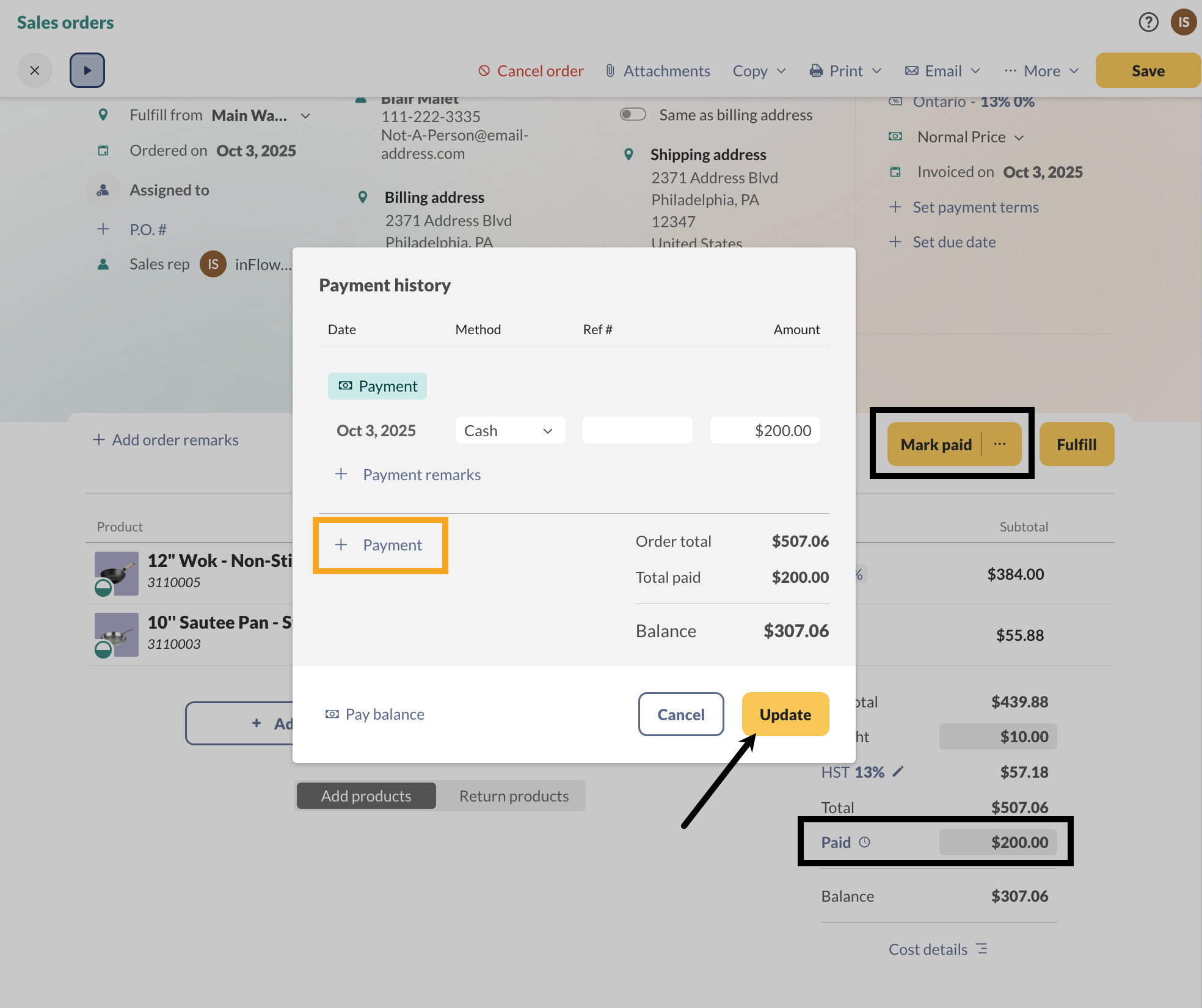 The sales order Payment history, where you can track payment details or process multiple payments.