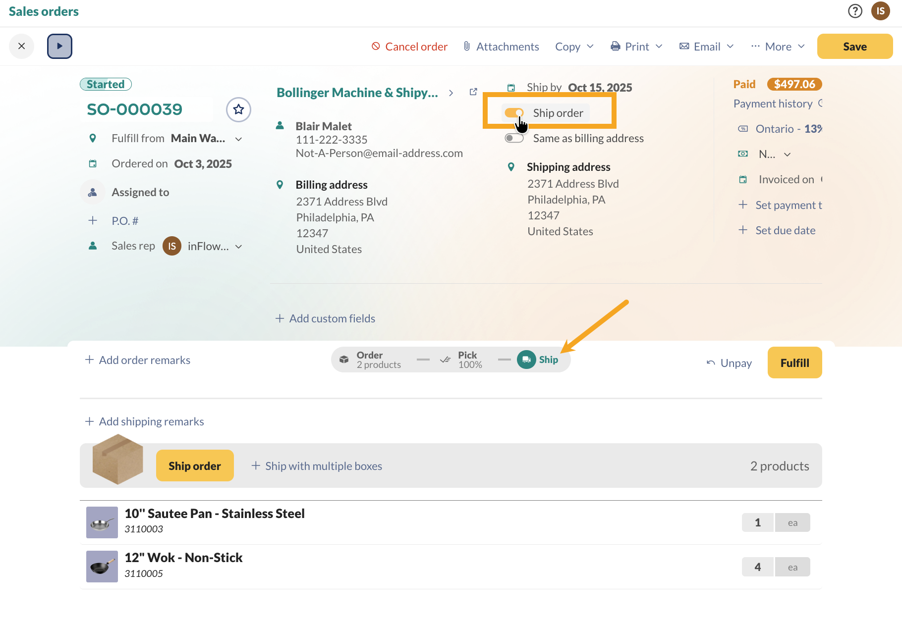 To manage shipping, select the Ship order toggle and then click on the Ship tab.