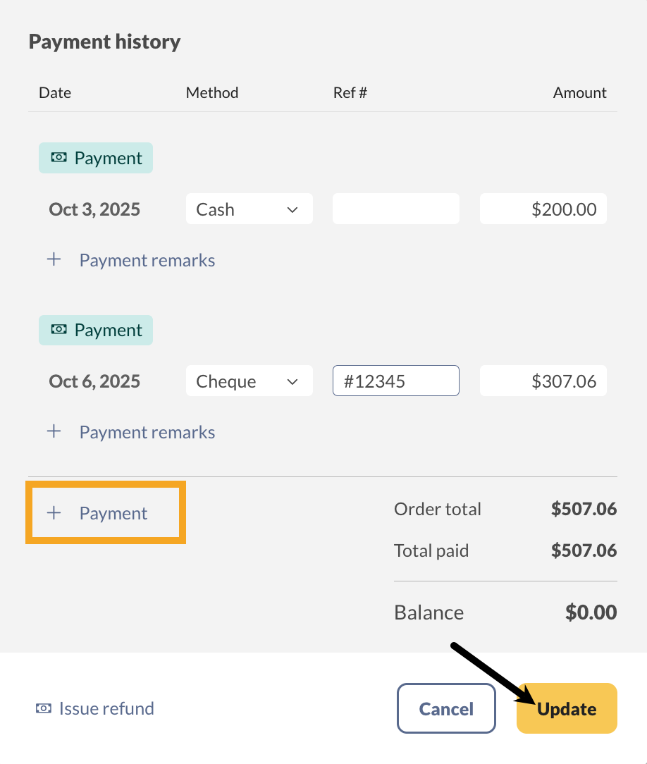 Example of a sales order with the Payment history showing multiple payments.