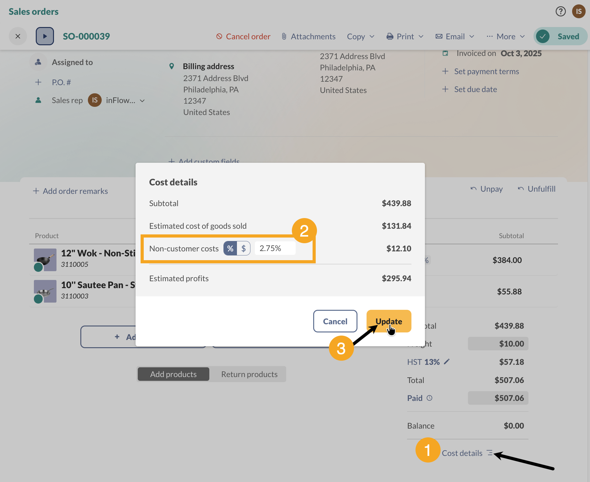 The Cost details screen is used to track costs that have been incurred but not passed on to customers.