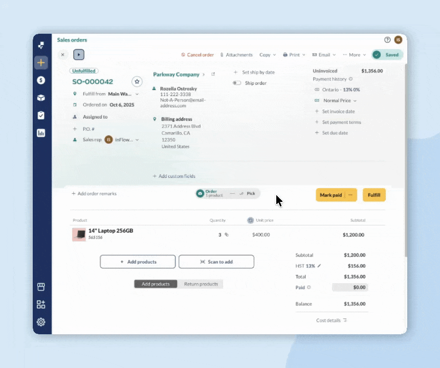 This image shows how to choose serial numbers for serialized products on sales orders.