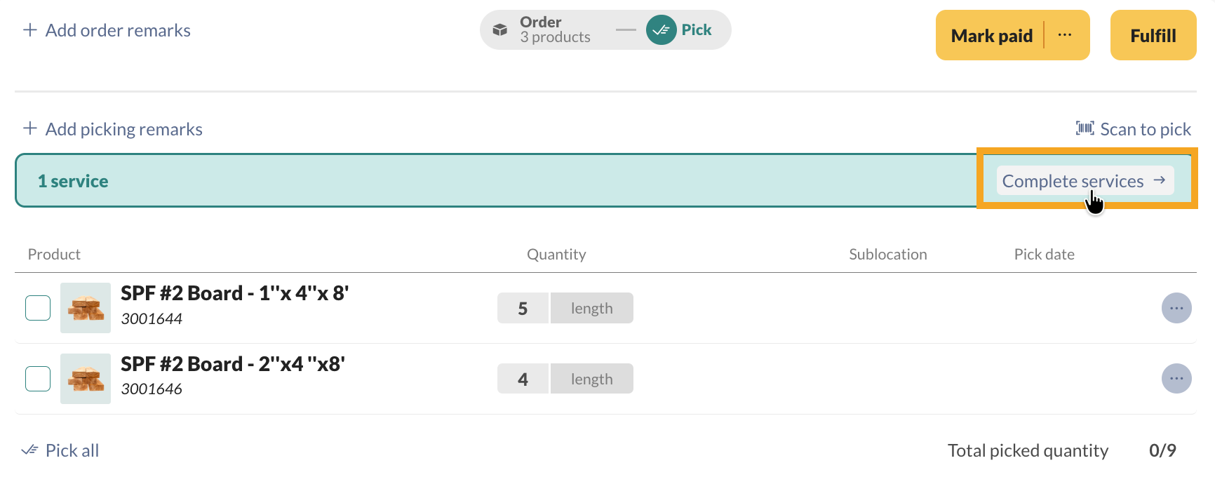 The sales order pick tab, with a focus on the Complete services button.