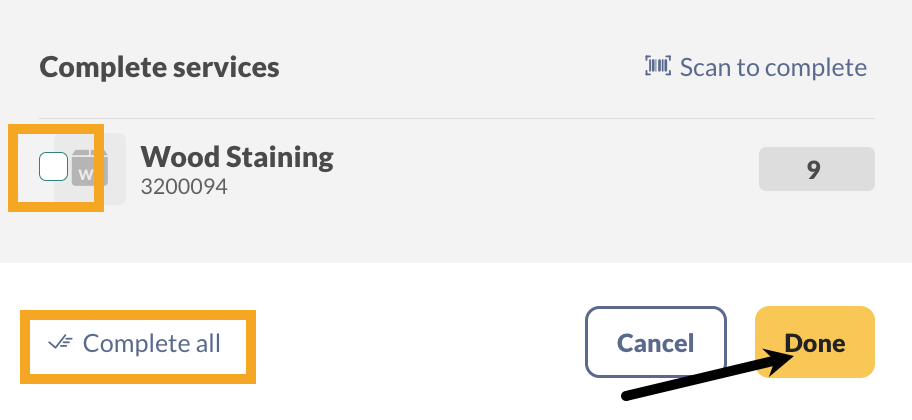 Where to select the completed services from the sales order Pick tab.