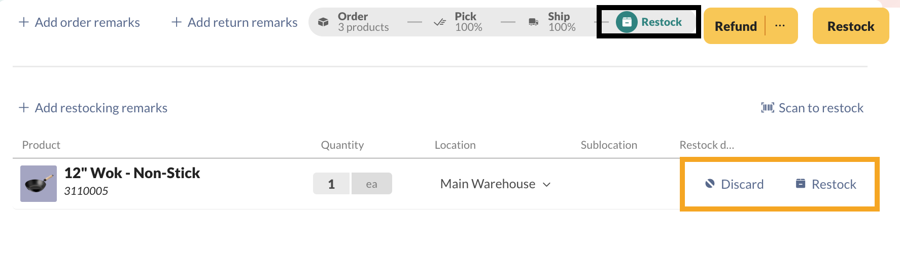 The Restock tab allows you to add the product back to your inventory or discard it.