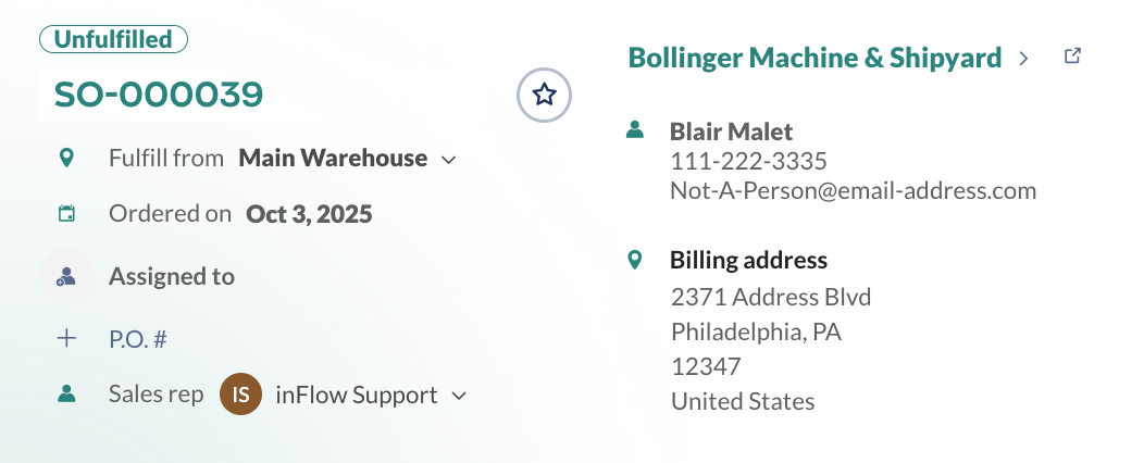 Internal ordering details along with the customer’s information for the sales order.