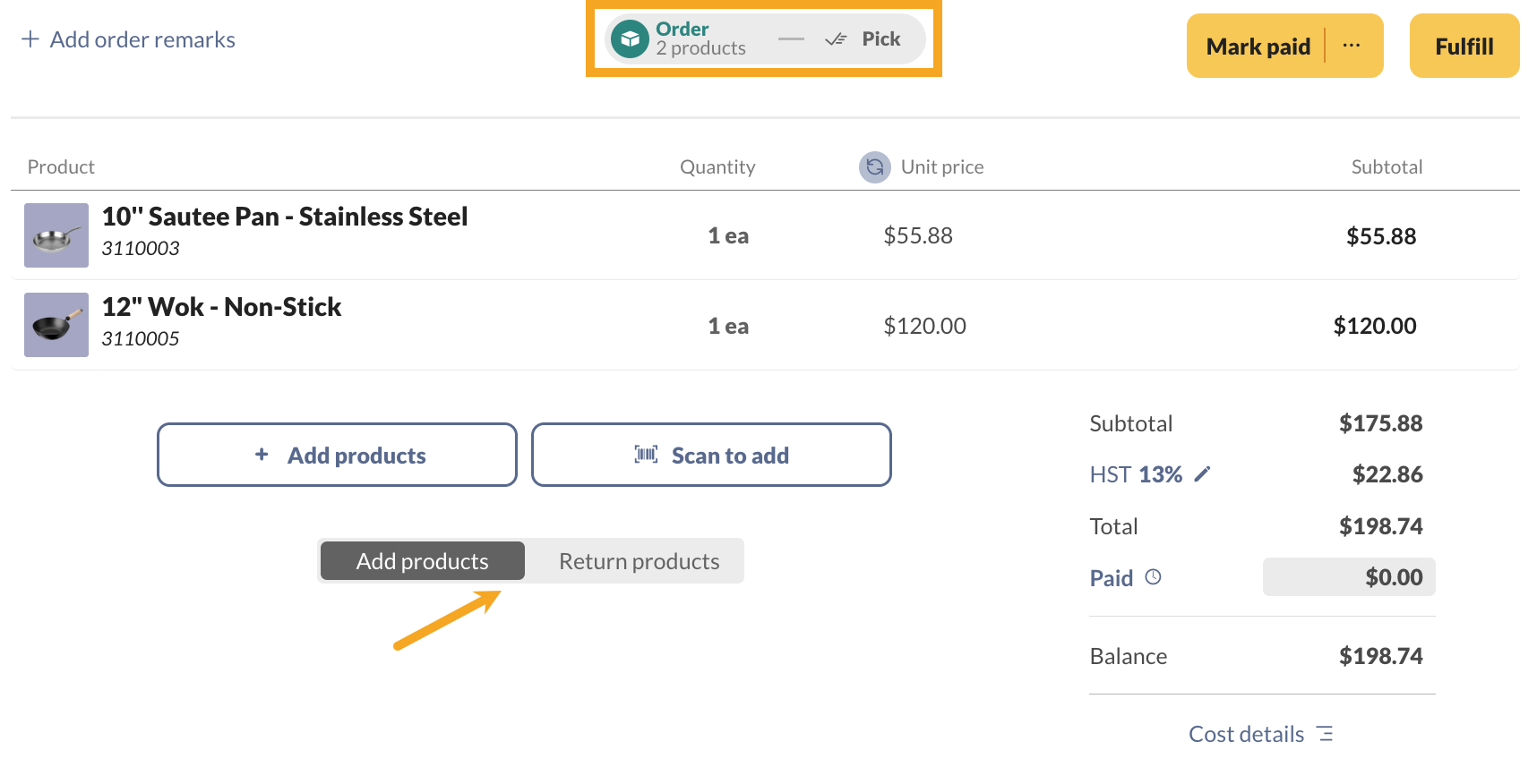 The sales order product table, which highlights the "Order" and "Pick" tabs.
