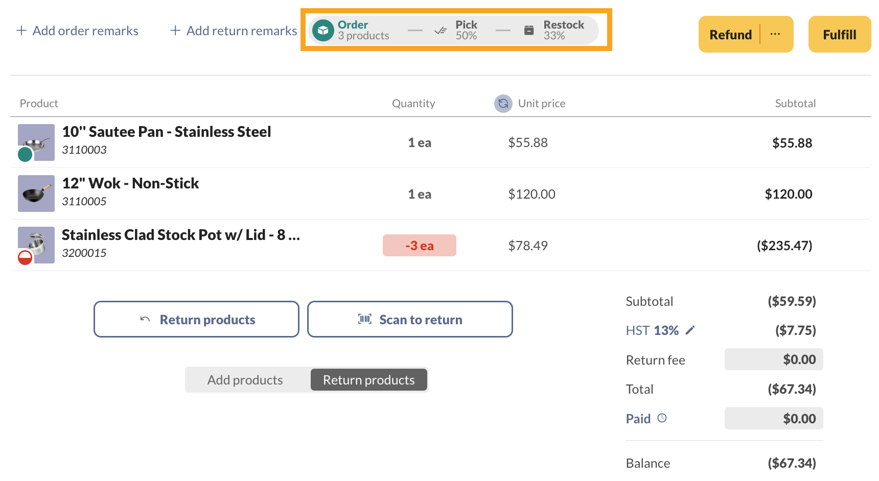 The sales order product table, including the Restock tab, is only available when processing returns.