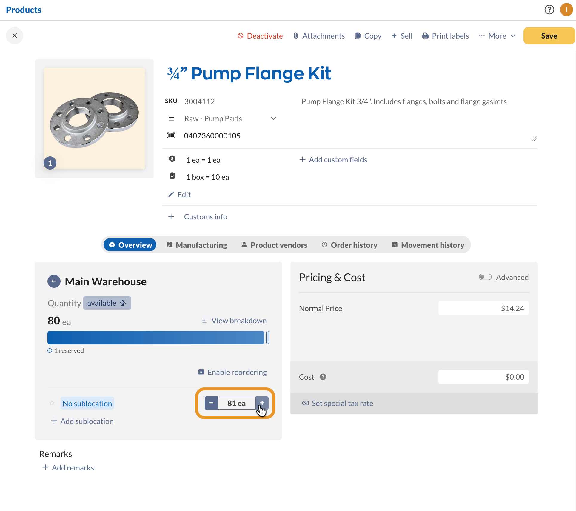 A product record with its stock quantity increased using the plus button beside the quantity field.