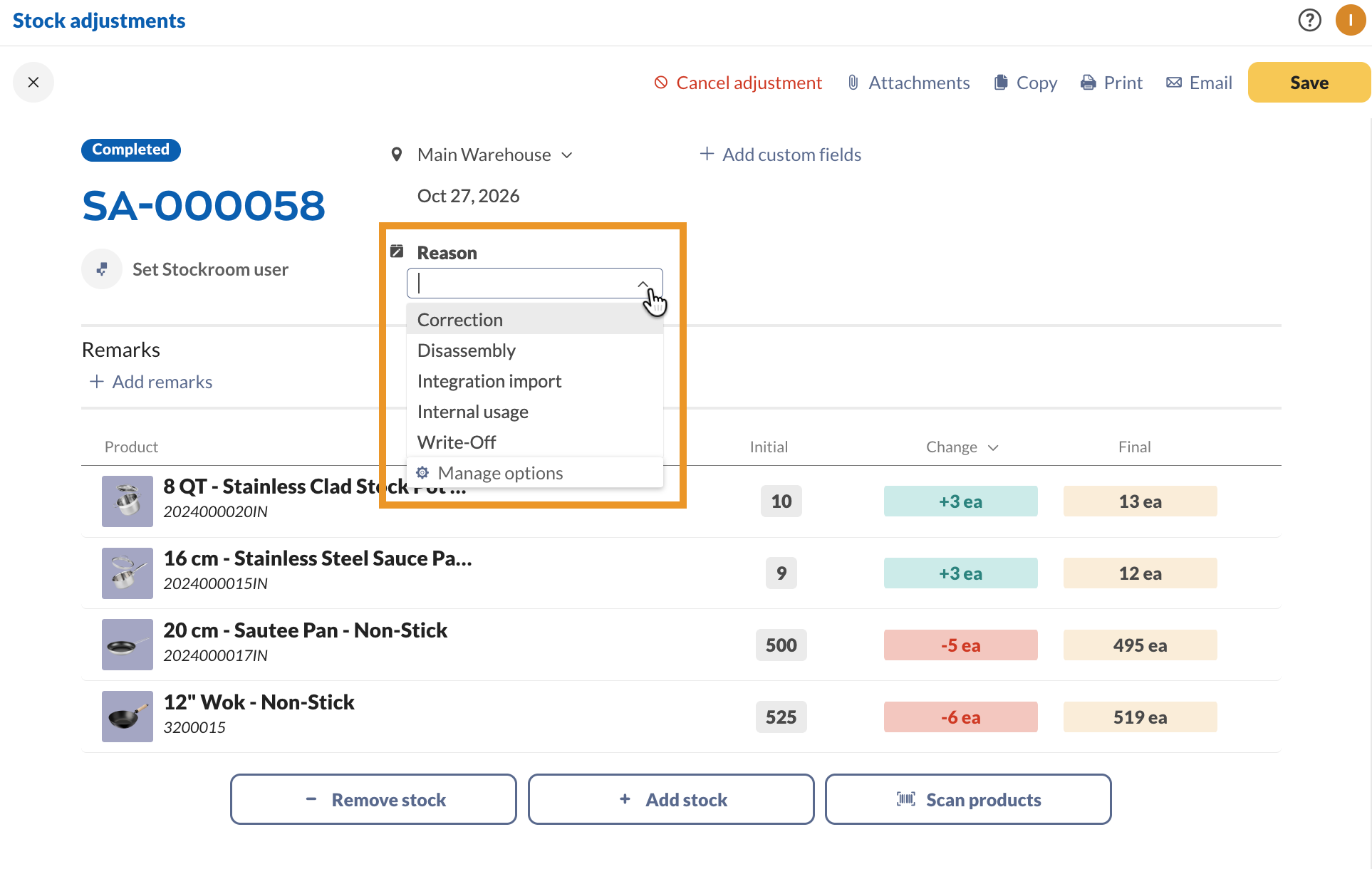 To add a reason for the stock adjustment, first select an option from the Reason drop-down menu. Available options include Correction, Disassembly, and Write-Off.