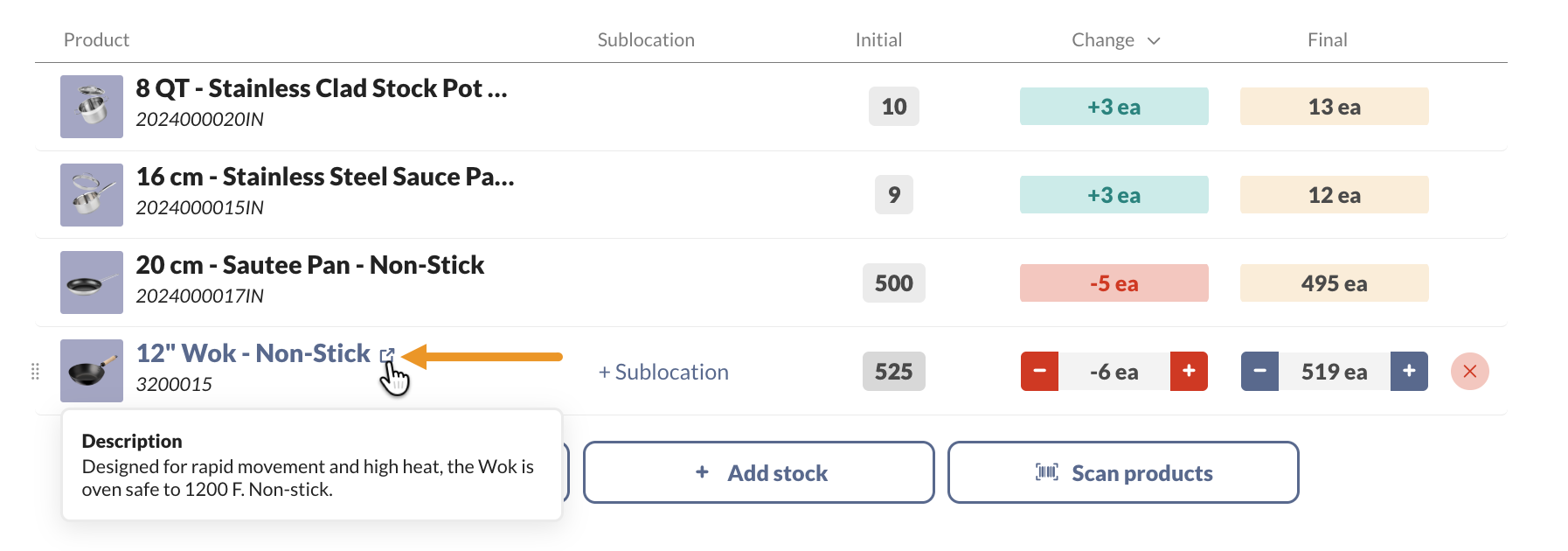 Select the external link icon next to a product name in the stock adjustment to open its product record in a new tab.