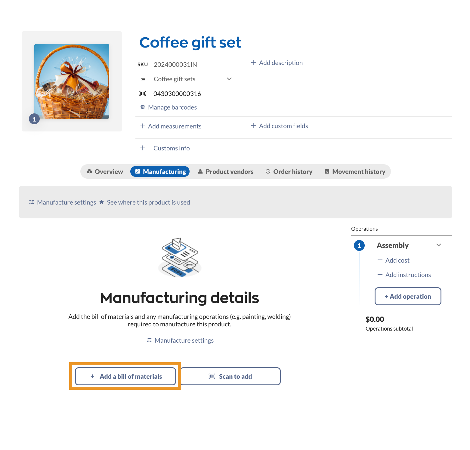 The Manufacturing tab in the product record allows adding products to the bill of materials.