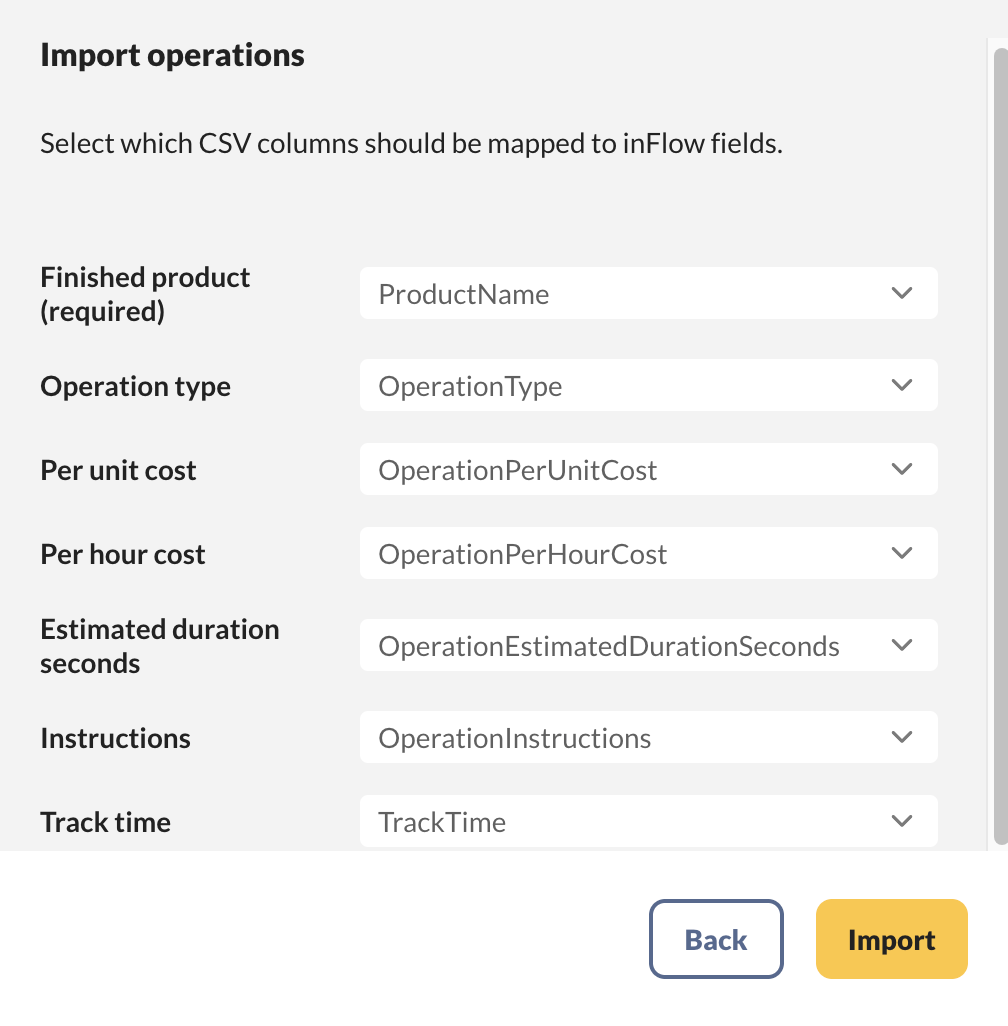 The operations import mapping settings.