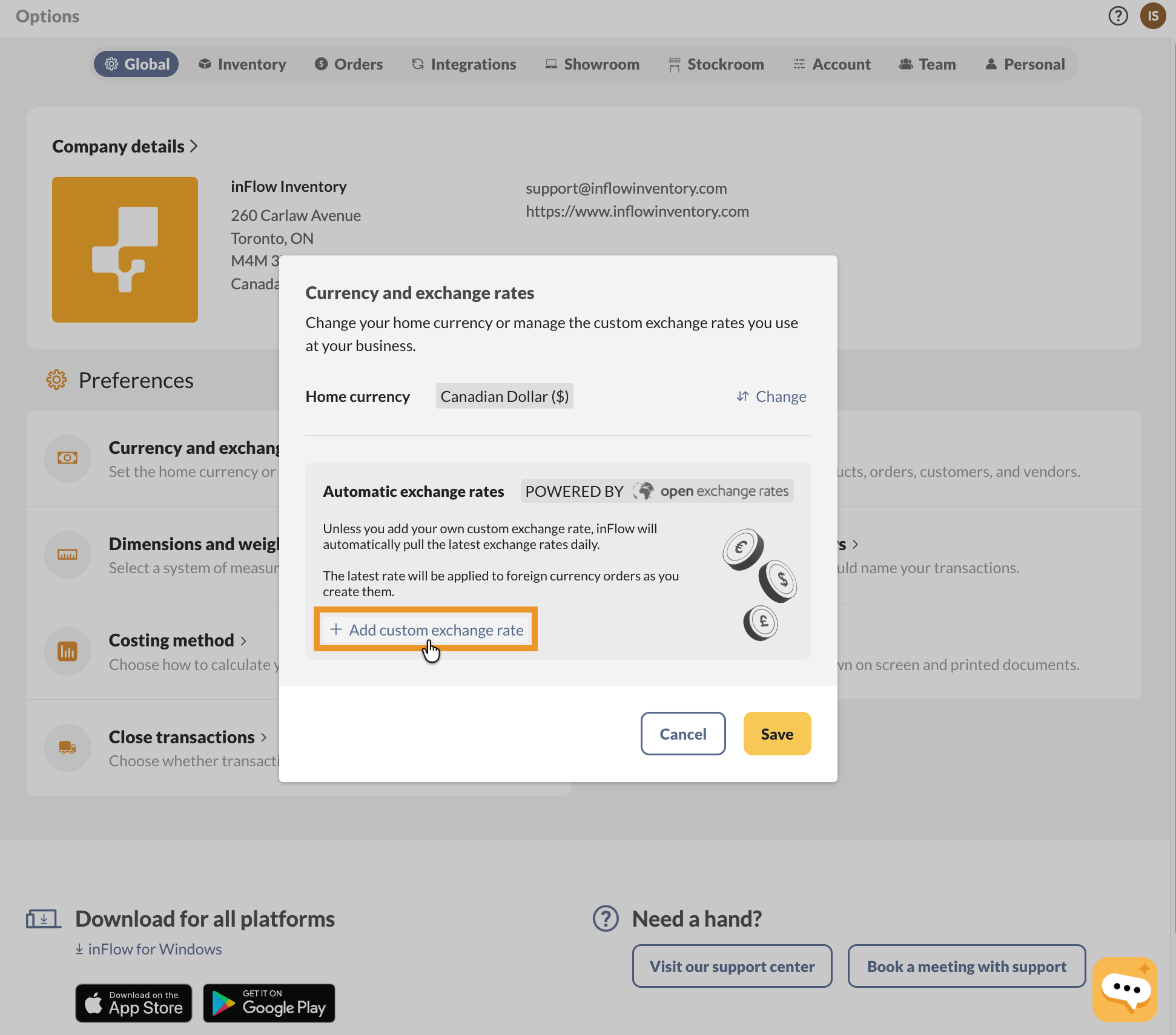 How to add custom exchange rates in inFlow.