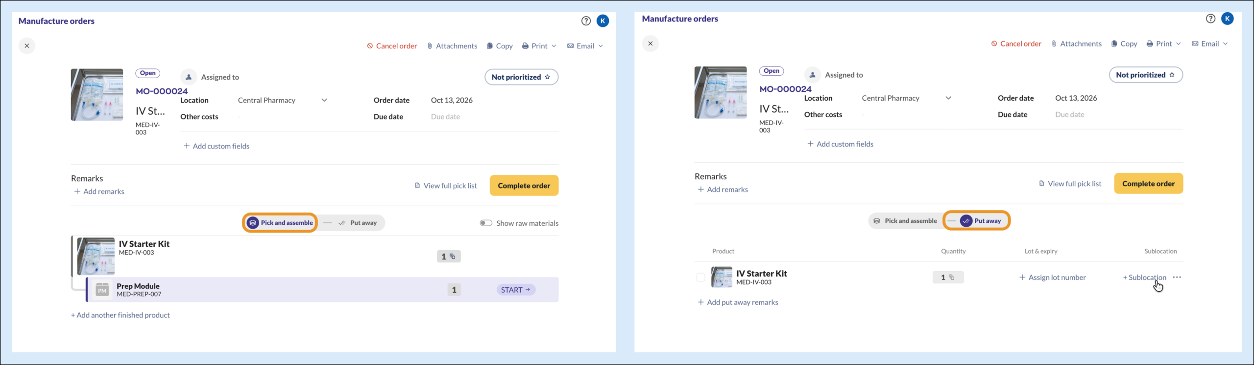 A manufacture order’s Pick and assemble tab, and its Put away tab with fields to assign lot or serial numbers and a sublocation.