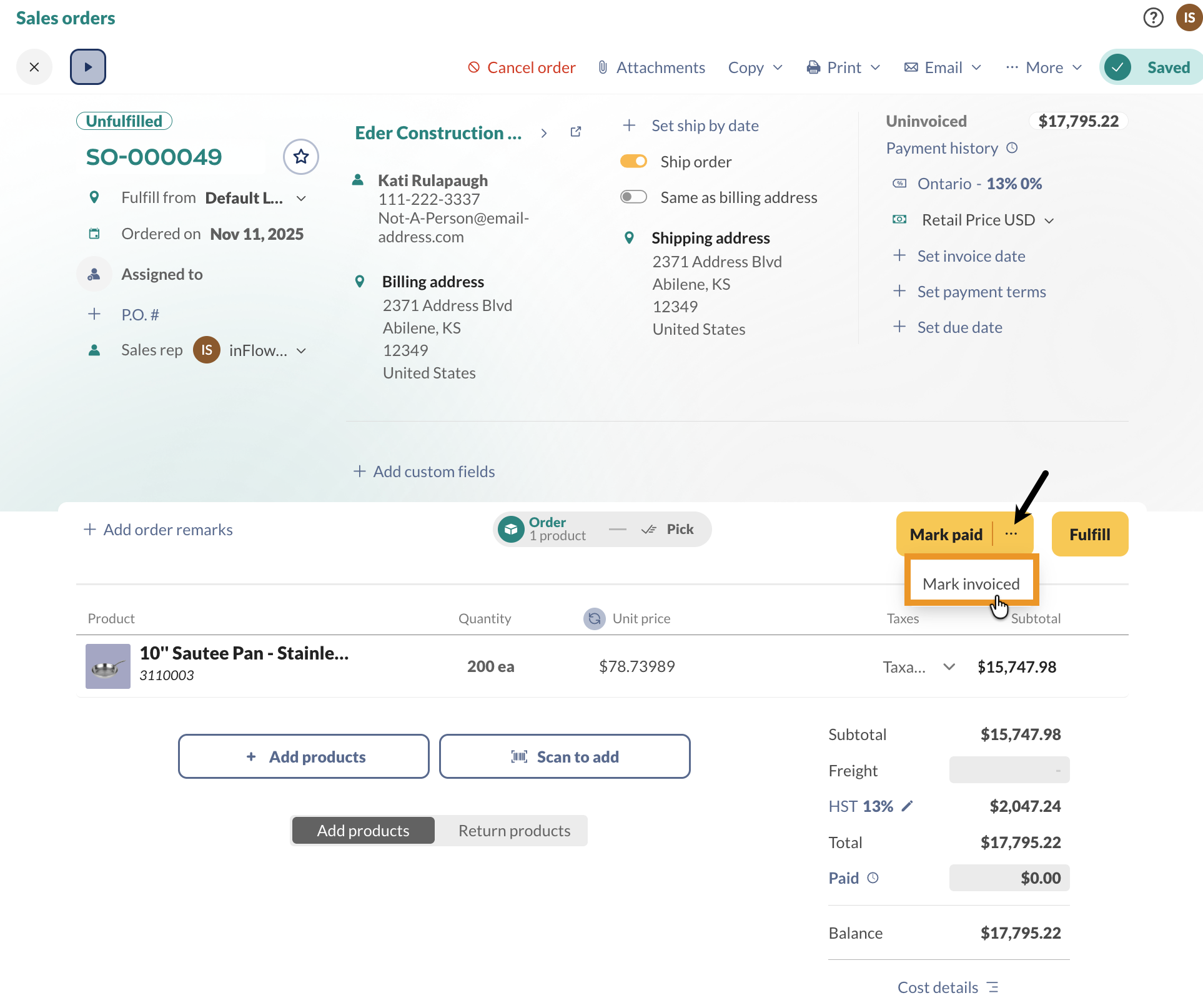 Select the ellipsis next to Mark paid, then select Mark invoiced. 